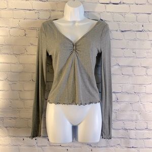 Wild Fable Shirt Womens S Gray Ruched Front Button Long Sleeve Ruffled Hem. NWOT